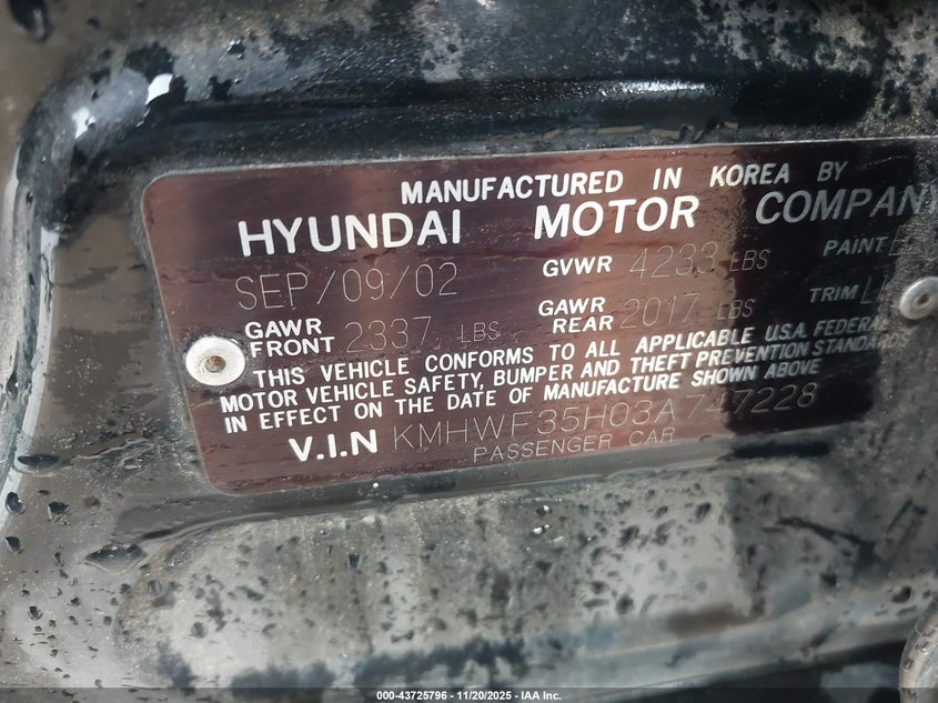 2003 Hyundai Sonata Gls/Lx VIN: KMHWF35H03A747228 Lot: 43725796