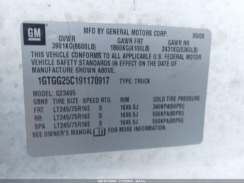 2009 GMC Savana 2500 Work Van VIN: 1GTGG25C191170917 Lot: 43725802