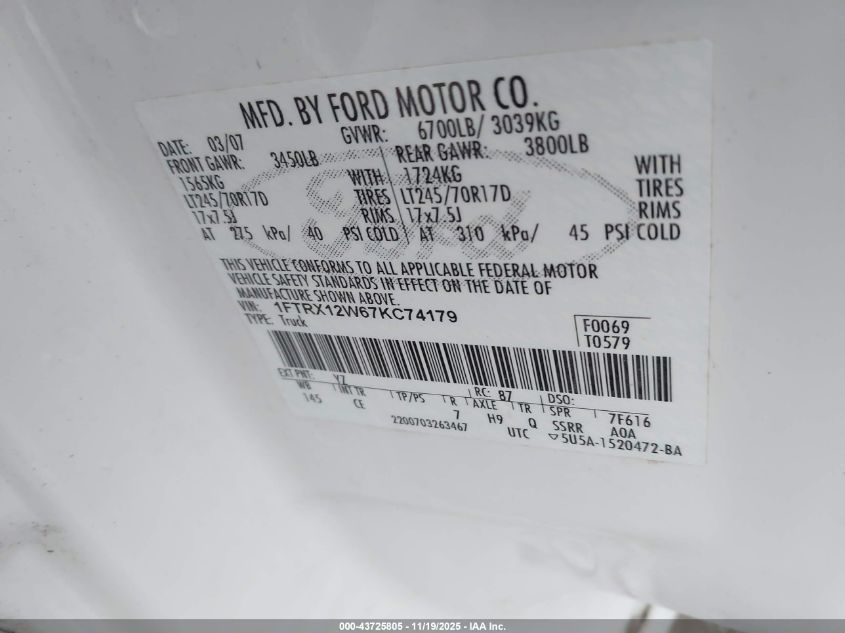 2007 Ford F-150 Stx/Xl/Xlt VIN: 1FTRX12W67KC74179 Lot: 43725805