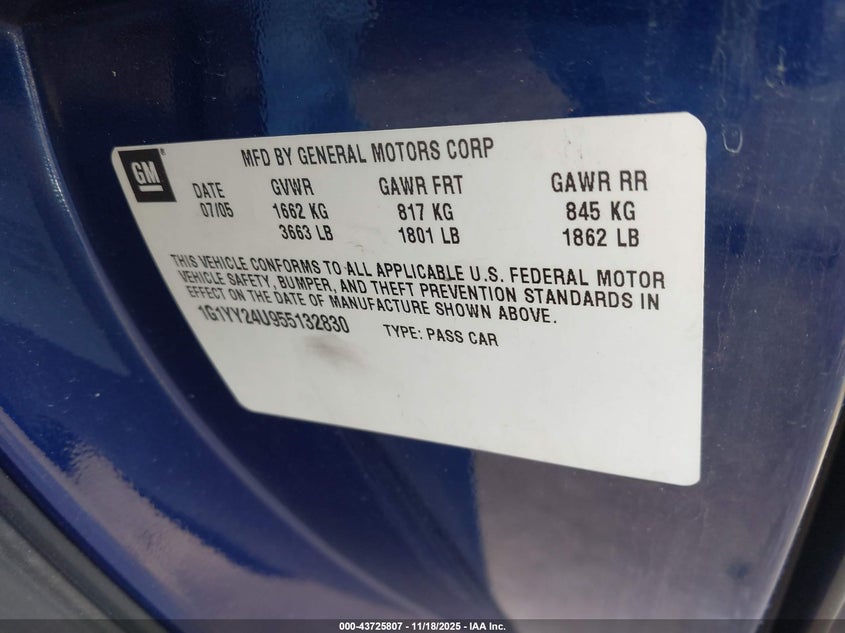 2005 Chevrolet Corvette VIN: 1G1YY24U955132830 Lot: 43725807