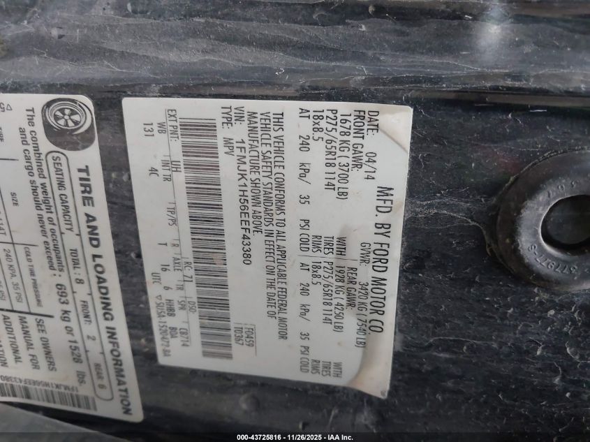 2014 Ford Expedition El Xlt VIN: 1FMJK1H56EEF43380 Lot: 43725816