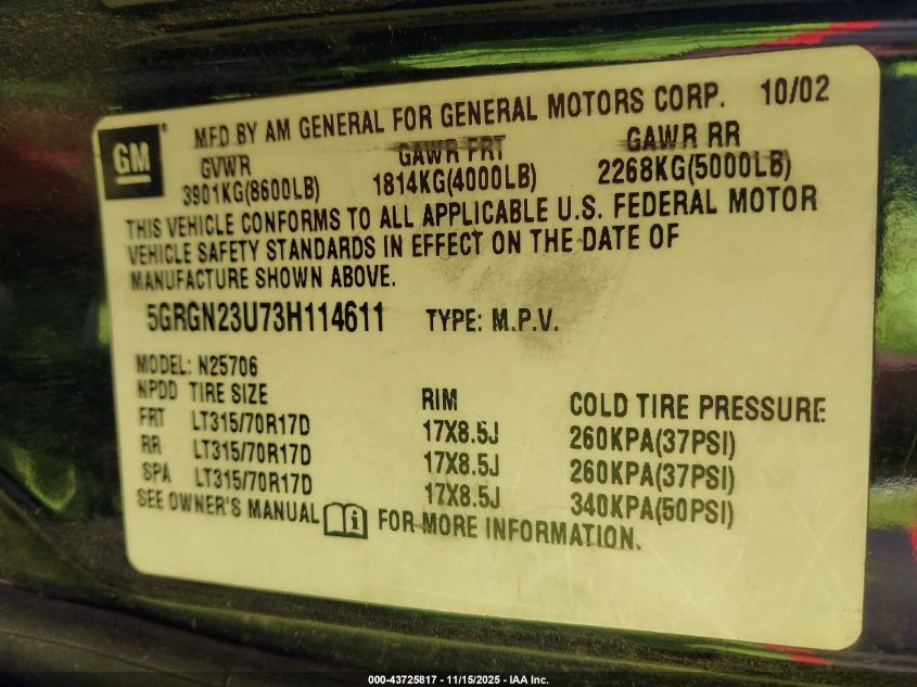 2003 Hummer H2 VIN: 5GRGN23U73H114611 Lot: 43725817