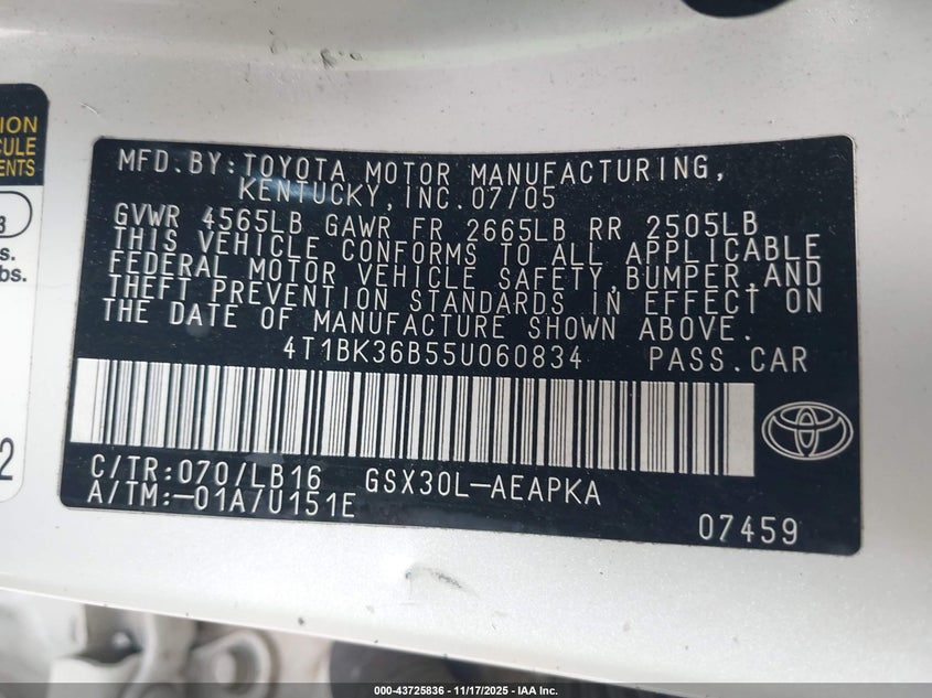 2005 Toyota Avalon Limited VIN: 4T1BK36B55U060834 Lot: 43725836