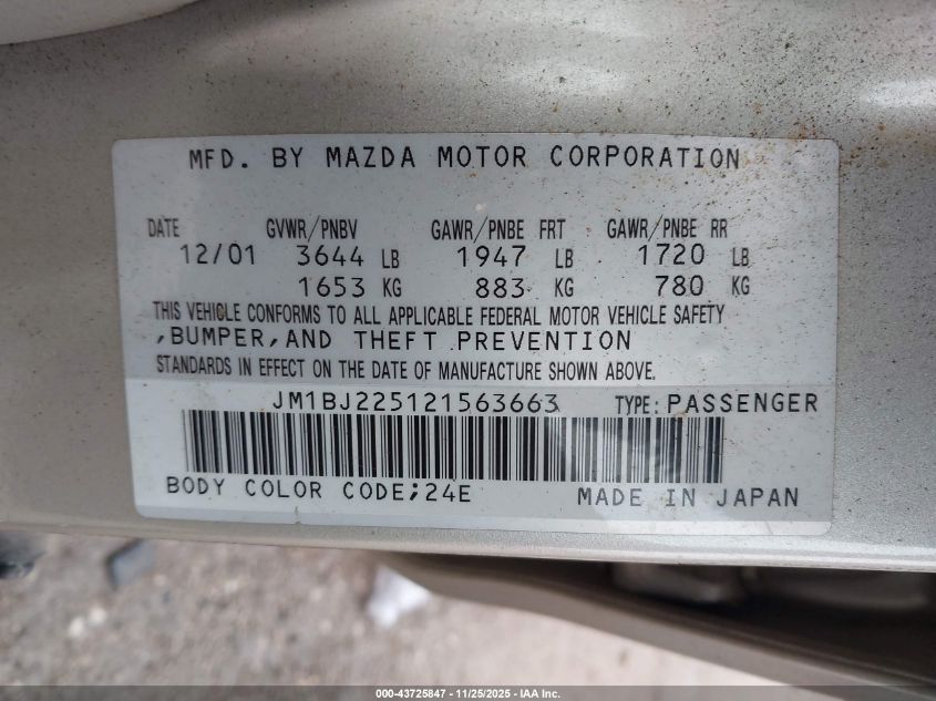 2002 Mazda Protege Dx/Es/Lx VIN: JM1BJ225121563663 Lot: 43725847