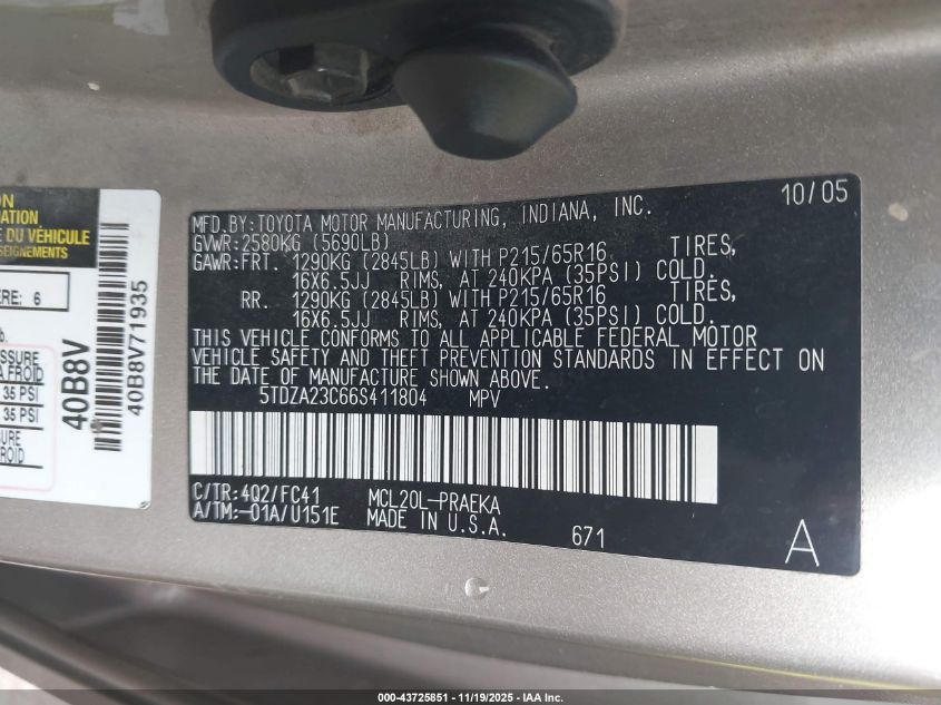 2006 Toyota Sienna Le VIN: 5TDZA23C66S411804 Lot: 43725851