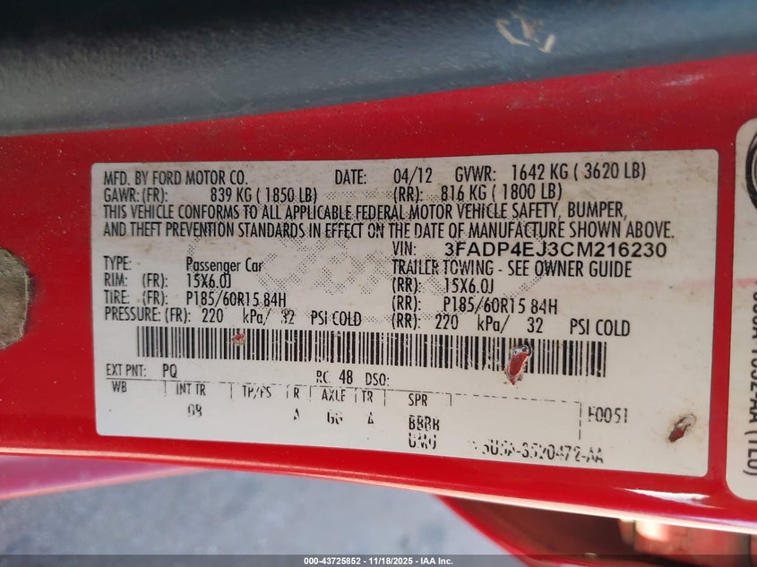3FADP4EJ3CM216230 2012 FORD FIESTA photo no. 9