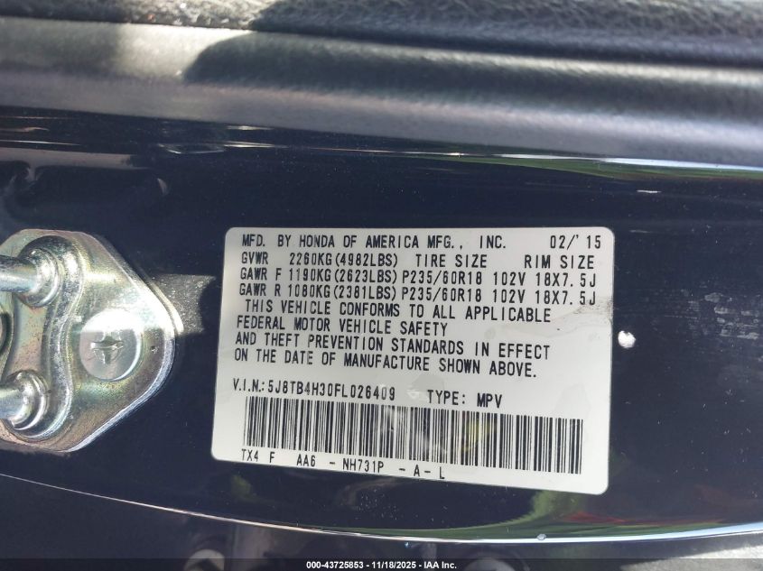 2015 Acura Rdx VIN: 5J8TB4H30FL026409 Lot: 43725853