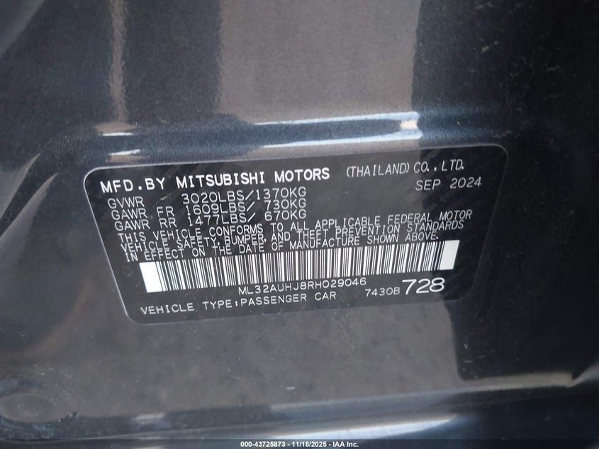2024 Mitsubishi Mirage Es/Le VIN: ML32AUHJ8RH029046 Lot: 43725873