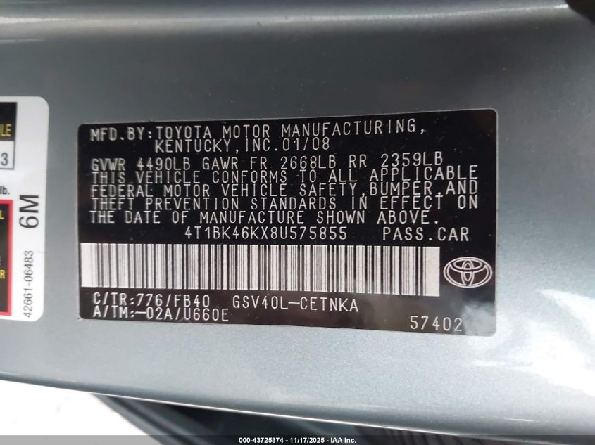 2008 Toyota Camry Le V6 VIN: 4T1BK46KX8U575855 Lot: 43725874