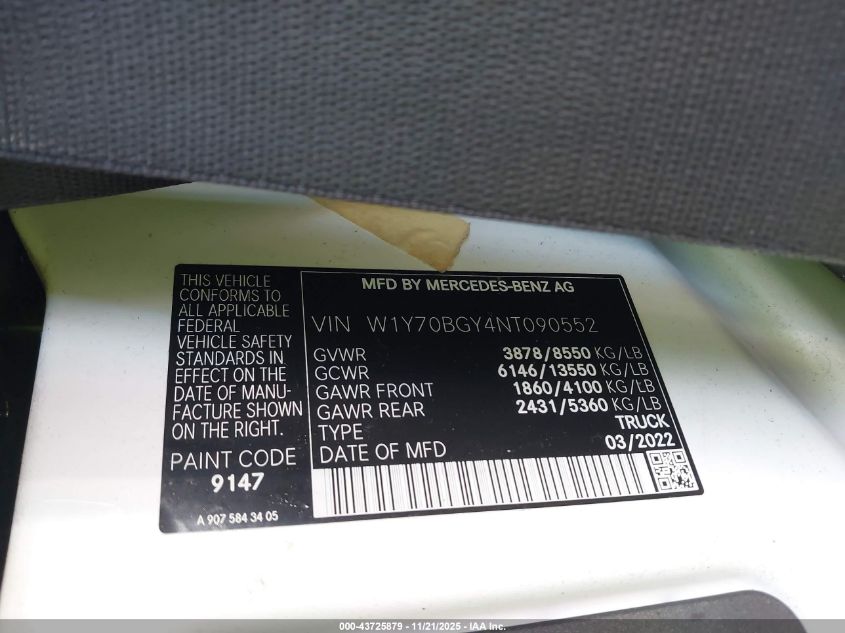 2022 Mercedes-Benz Sprinter 1500 Standard Roof I4 VIN: W1Y70BGY4NT090552 Lot: 43725879
