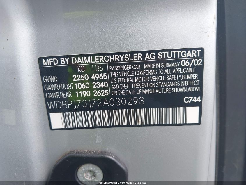 2002 Mercedes-Benz Cl 55 Amg VIN: WDBPJ73J72A030293 Lot: 43725881