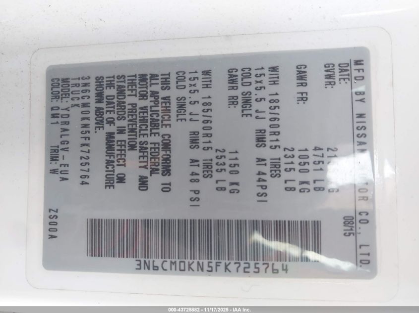 2015 Nissan Nv200 S/Sv VIN: 3N6CM0KN5FK725764 Lot: 43725882