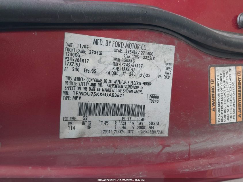 2005 Ford Explorer Limited VIN: 1FMDU75KX5UA83621 Lot: 43725901