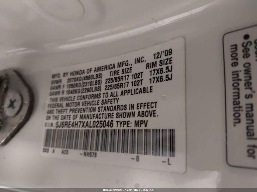 2010 Honda Cr-V Ex-L VIN: 5J6RE4H7XAL025046 Lot: 43725920