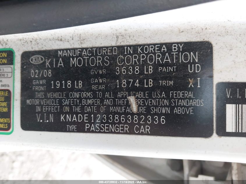 2008 Kia Rio Lx VIN: KNADE123386382336 Lot: 43725932