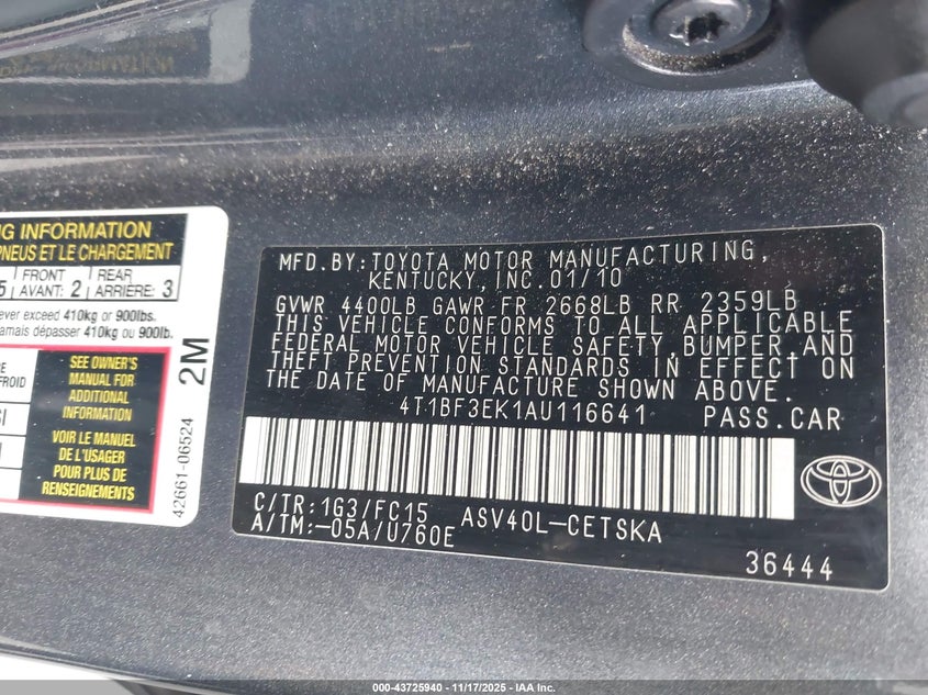 4T1BF3EK1AU116641 2010 TOYOTA CAMRY photo no. 9