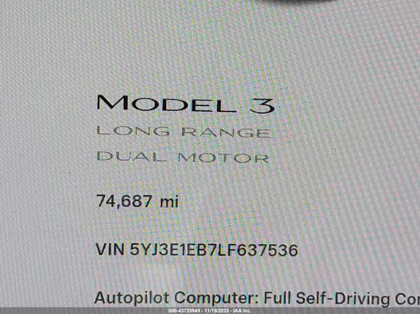2020 Tesla Model 3 Long Range Dual Motor All-Wheel Drive VIN: 5YJ3E1EB7LF637536 Lot: 43725949