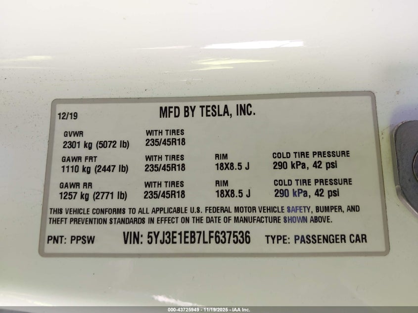 2020 Tesla Model 3 Long Range Dual Motor All-Wheel Drive VIN: 5YJ3E1EB7LF637536 Lot: 43725949