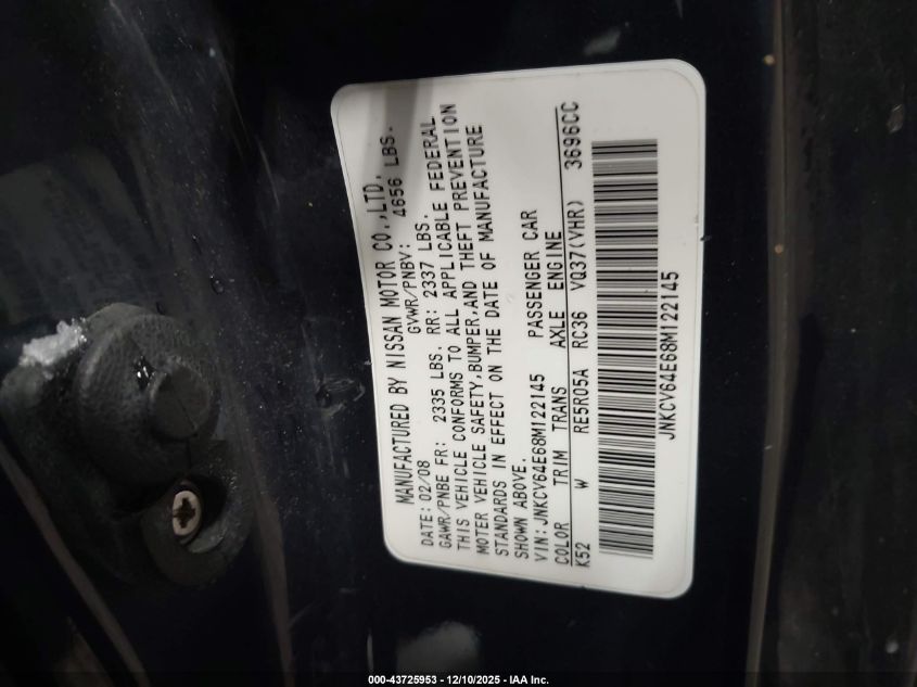 2008 Infiniti G37 Journey VIN: JNKCV64E68M122145 Lot: 43725953