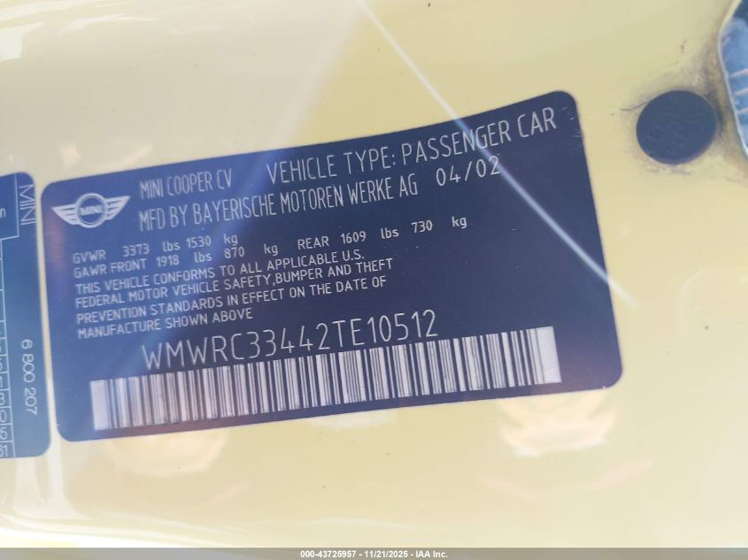 2002 Mini Cooper VIN: WMWRC33442TE10512 Lot: 43725957