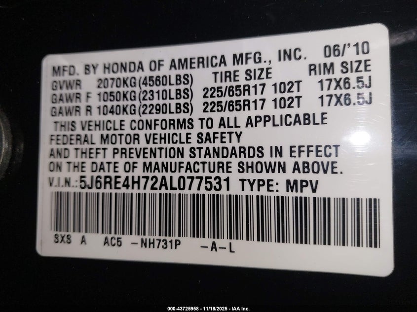 2010 Honda Cr-V Ex-L VIN: 5J6RE4H72AL077531 Lot: 43725958