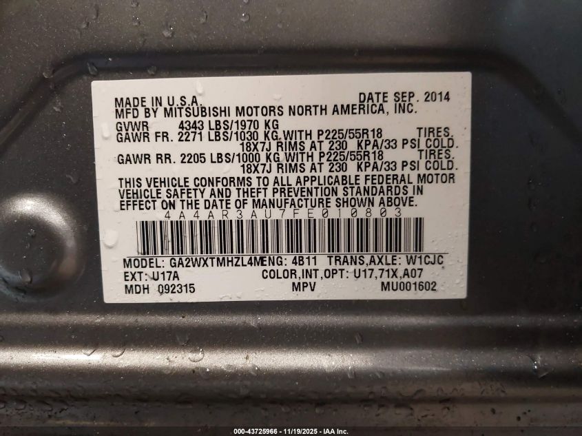 2015 Mitsubishi Outlander Sport Es VIN: 4A4AR3AU7FE010803 Lot: 43725966
