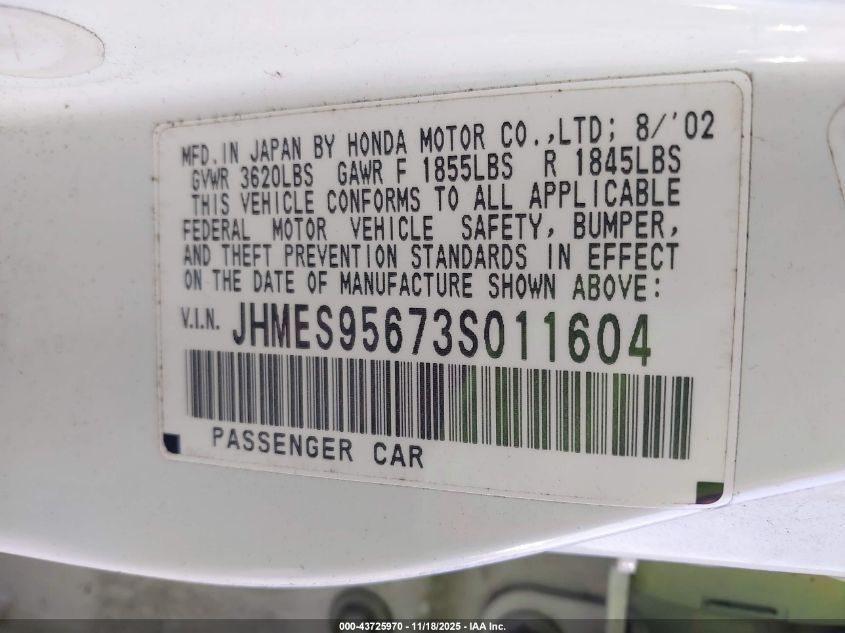 2003 Honda Civic Hybrid VIN: JHMES95673S011604 Lot: 43725970