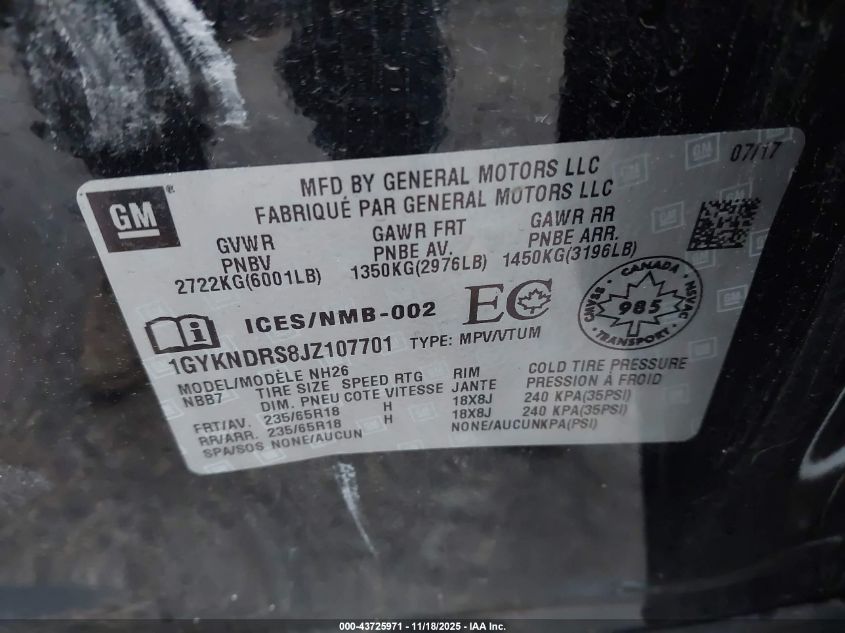 2018 Cadillac Xt5 Luxury VIN: 1GYKNDRS8JZ107701 Lot: 43725971