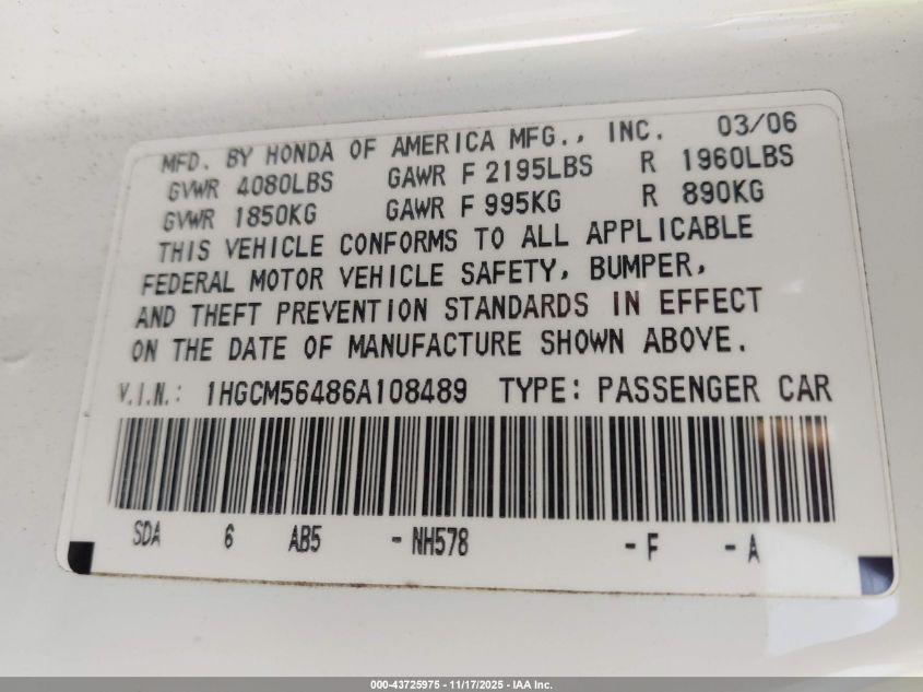 2006 Honda Accord 2.4 Lx VIN: 1HGCM56486A108489 Lot: 43725975
