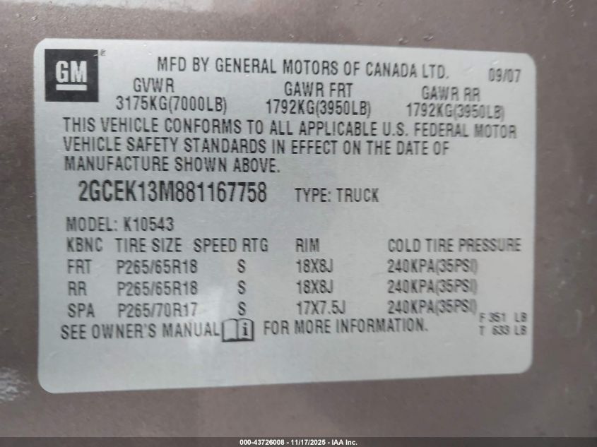 2008 Chevrolet Silverado 1500 Lt1 VIN: 2GCEK13M881167758 Lot: 43726008