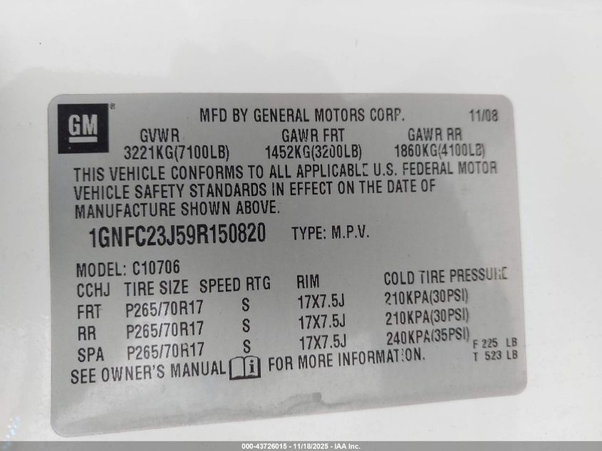2009 Chevrolet Tahoe Lt1 VIN: 1GNFC23J59R150820 Lot: 43726015