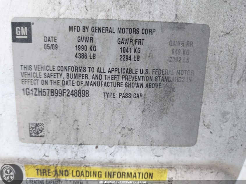 2009 Chevrolet Malibu Lt VIN: 1G1ZH57B99F248898 Lot: 43726018