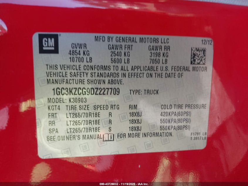 2013 Chevrolet Silverado 3500Hd Work Truck VIN: 1GC3KZCG9DZ227709 Lot: 43726032