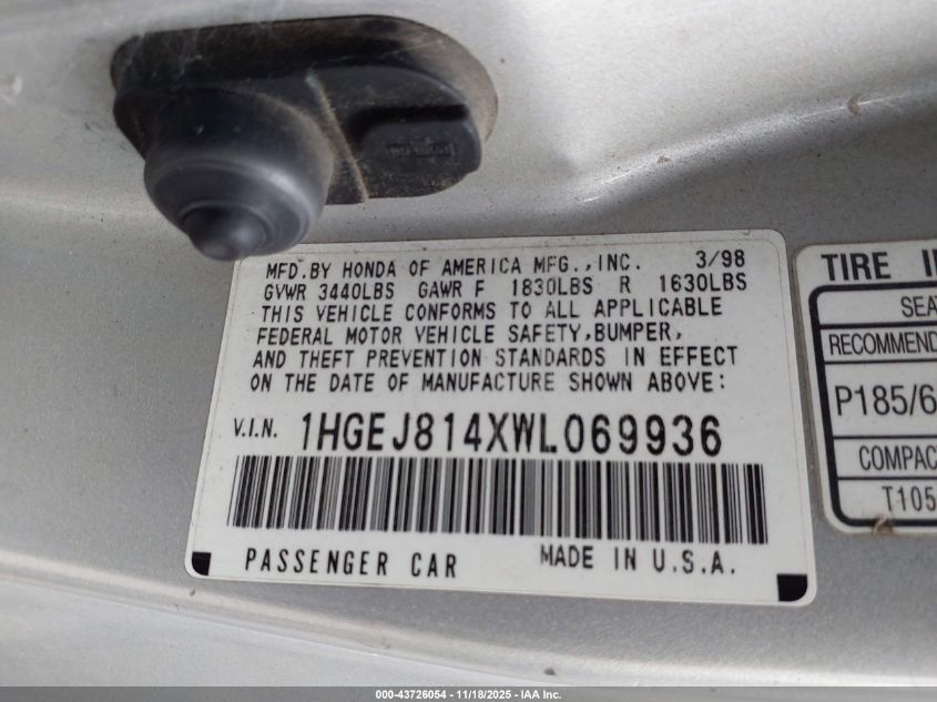 1998 Honda Civic Ex VIN: 1HGEJ814XWL069936 Lot: 43726054