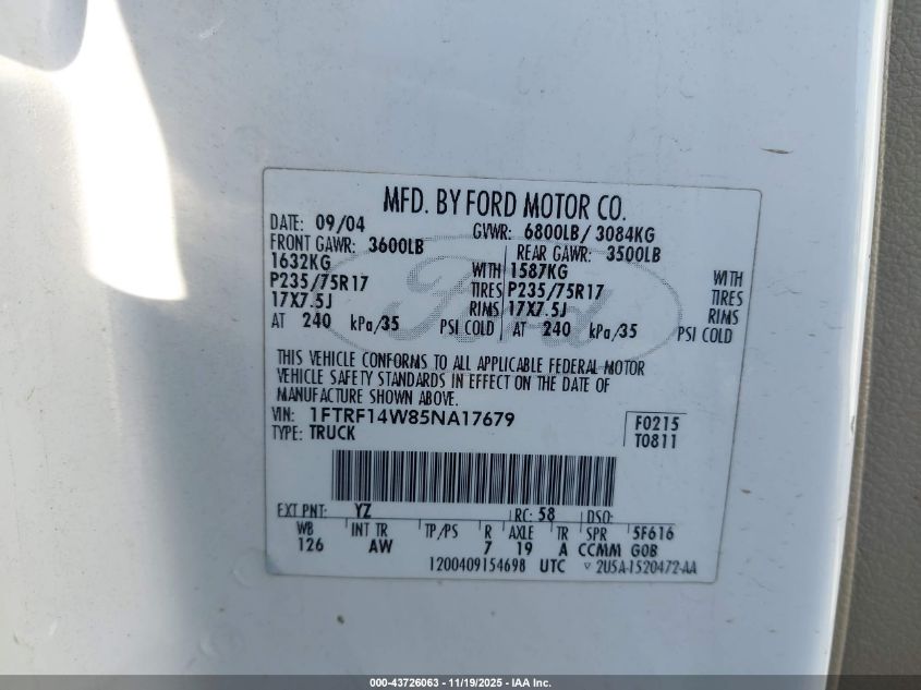 2005 Ford F-150 Stx/Xl/Xlt VIN: 1FTRF14W85NA17679 Lot: 43726063