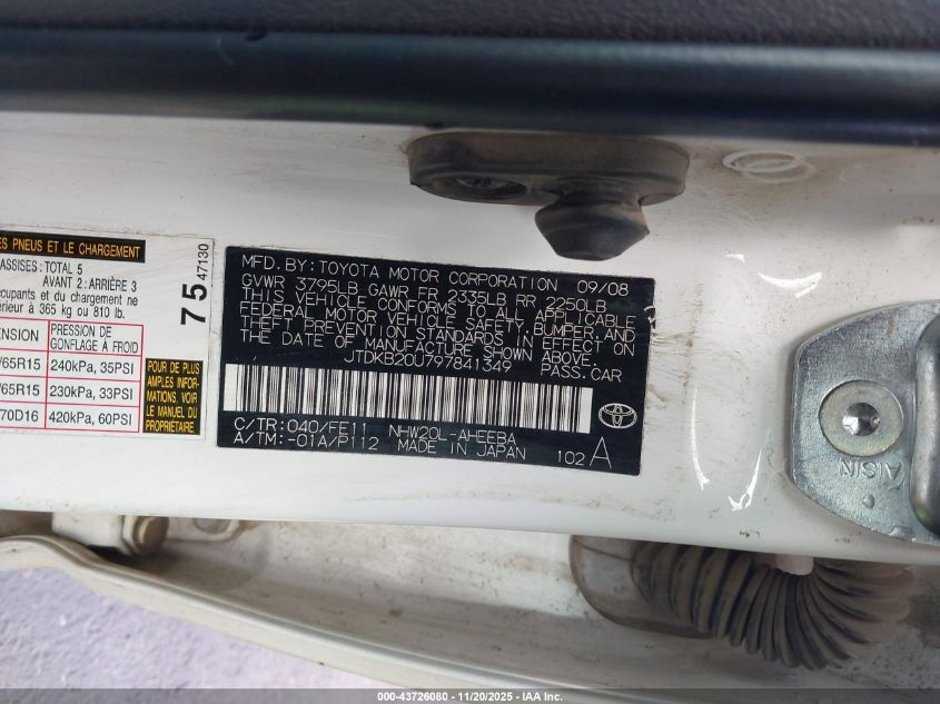 2009 Toyota Prius VIN: JTDKB20U797841349 Lot: 43726080