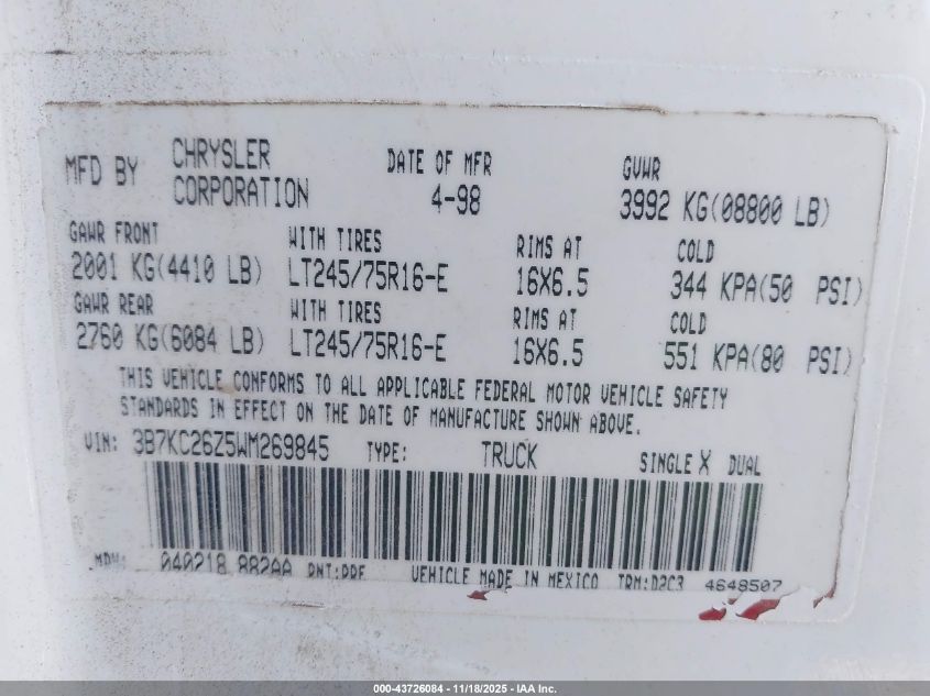 1998 Dodge Ram 2500 St VIN: 3B7KC26Z5WM269845 Lot: 43726084