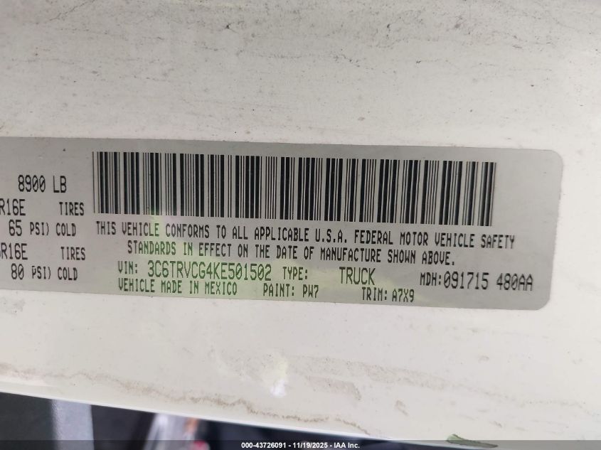 2019 Ram Promaster 2500 High Roof 136 Wb VIN: 3C6TRVCG4KE501502 Lot: 43726091