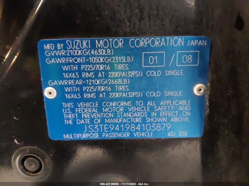 2008 Suzuki Grand Vitara Appearance/Appearance + VIN: JS3TE941984103879 Lot: 43726098