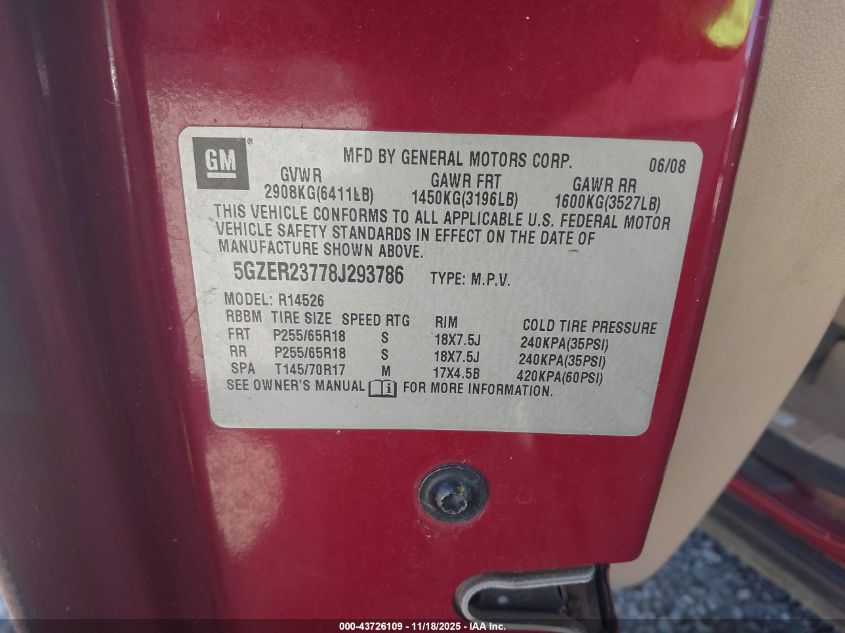 2008 Saturn Outlook Xr VIN: 5GZER23778J293786 Lot: 43726109