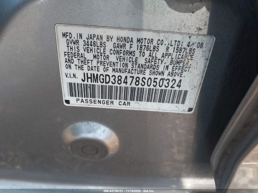 2008 Honda Fit VIN: JHMGD38478S050324 Lot: 43726121