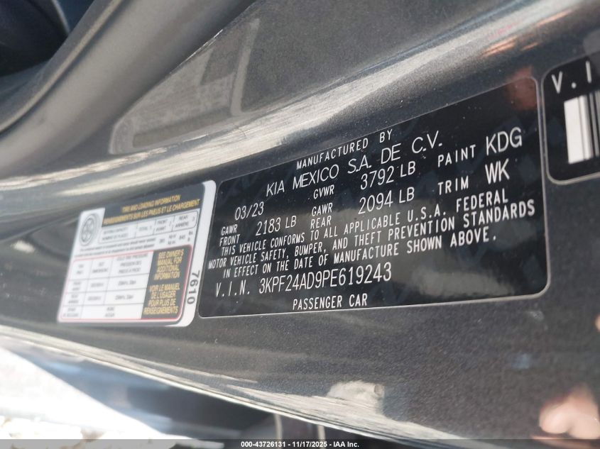 2023 Kia Forte Lxs VIN: 3KPF24AD9PE619243 Lot: 43726131