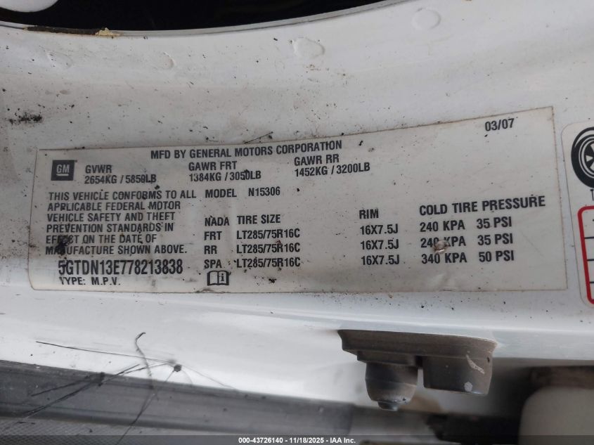 2007 Hummer H3 Suv VIN: 5GTDN13E778213838 Lot: 43726140