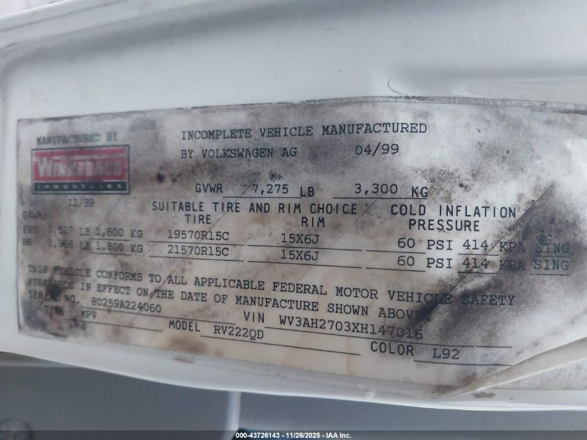 2000 Volkswagen Rialta Mv VIN: WV3AH2703XH147016 Lot: 43726143