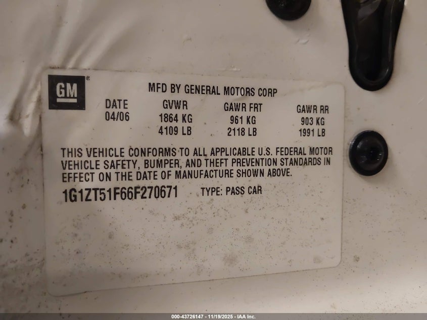 2006 Chevrolet Malibu Lt VIN: 1G1ZT51F66F270671 Lot: 43726147
