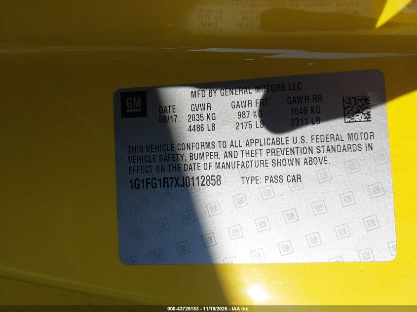 2018 Chevrolet Camaro 2Ss VIN: 1G1FG1R7XJ0112858 Lot: 43726153
