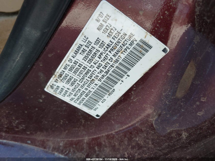 2007 Honda Odyssey Ex VIN: 5FNRL38417B116617 Lot: 43726154