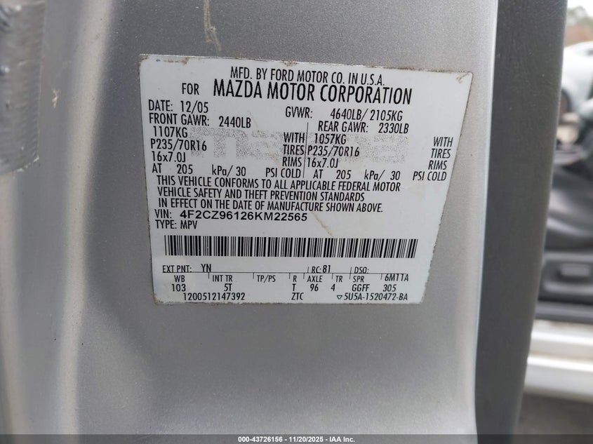 2006 Mazda Tribute S VIN: 4F2CZ96126KM22565 Lot: 43726156