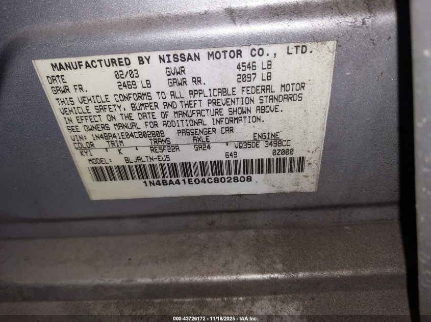 2004 Nissan Maxima 3.5 Se VIN: 1N4BA41E04C802808 Lot: 43726172