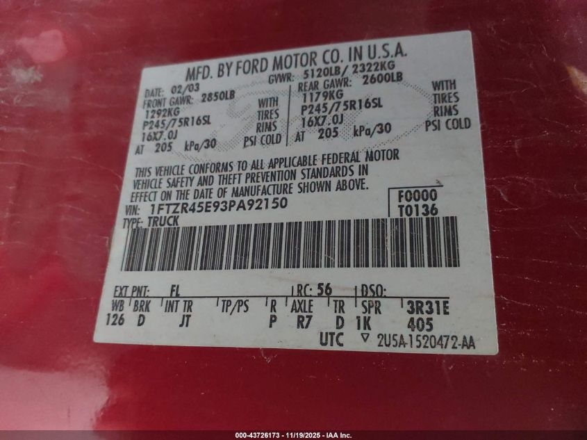 2003 Ford Ranger Edge/Xlt VIN: 1FTZR45E93PA92150 Lot: 43726173